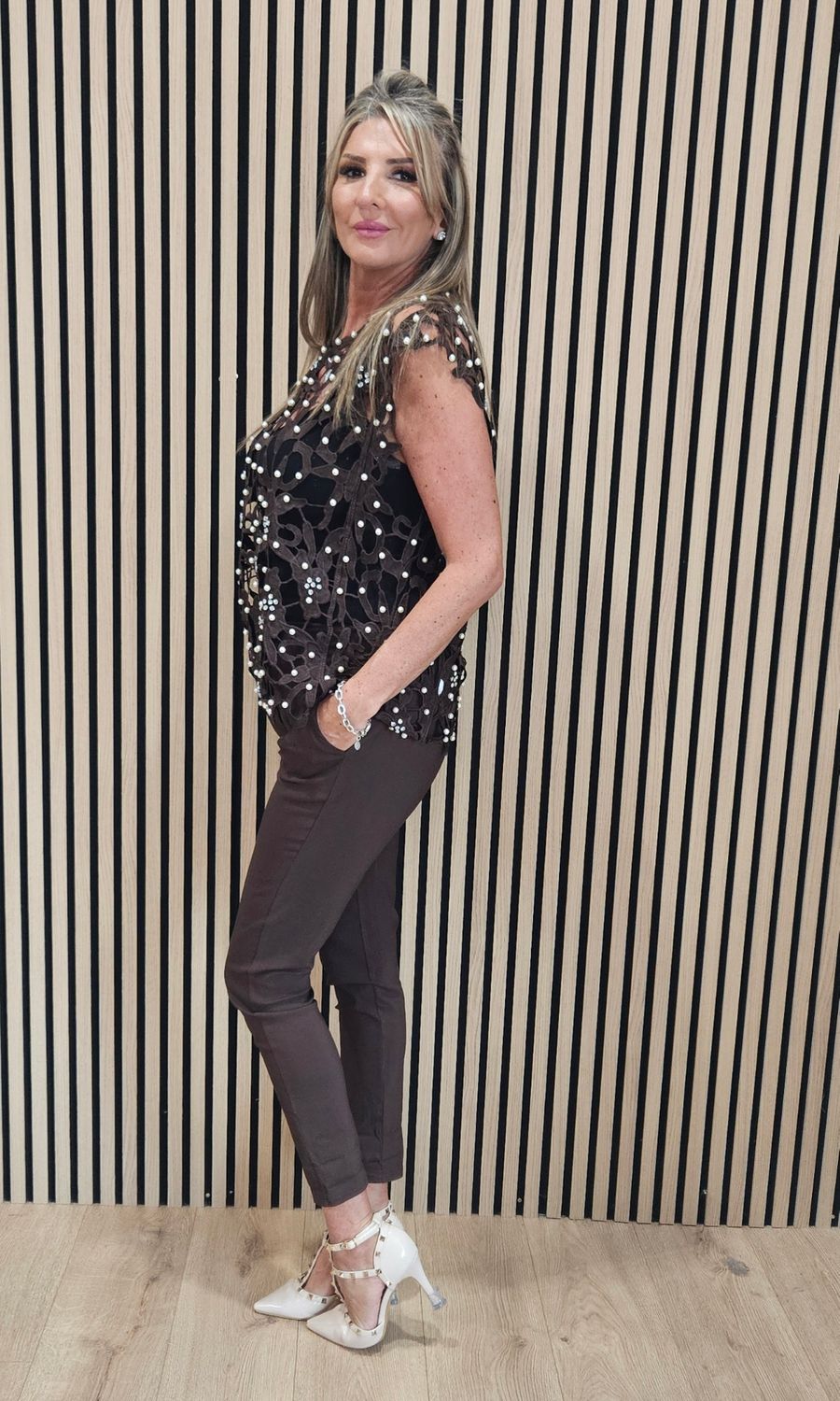 Exquisite Laser-Cut Pearl &amp; Diamanté Top – Chocolate