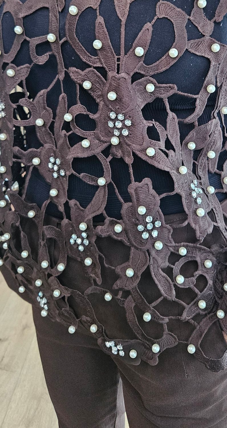 Exquisite Laser-Cut Pearl &amp; Diamanté Top – Chocolate