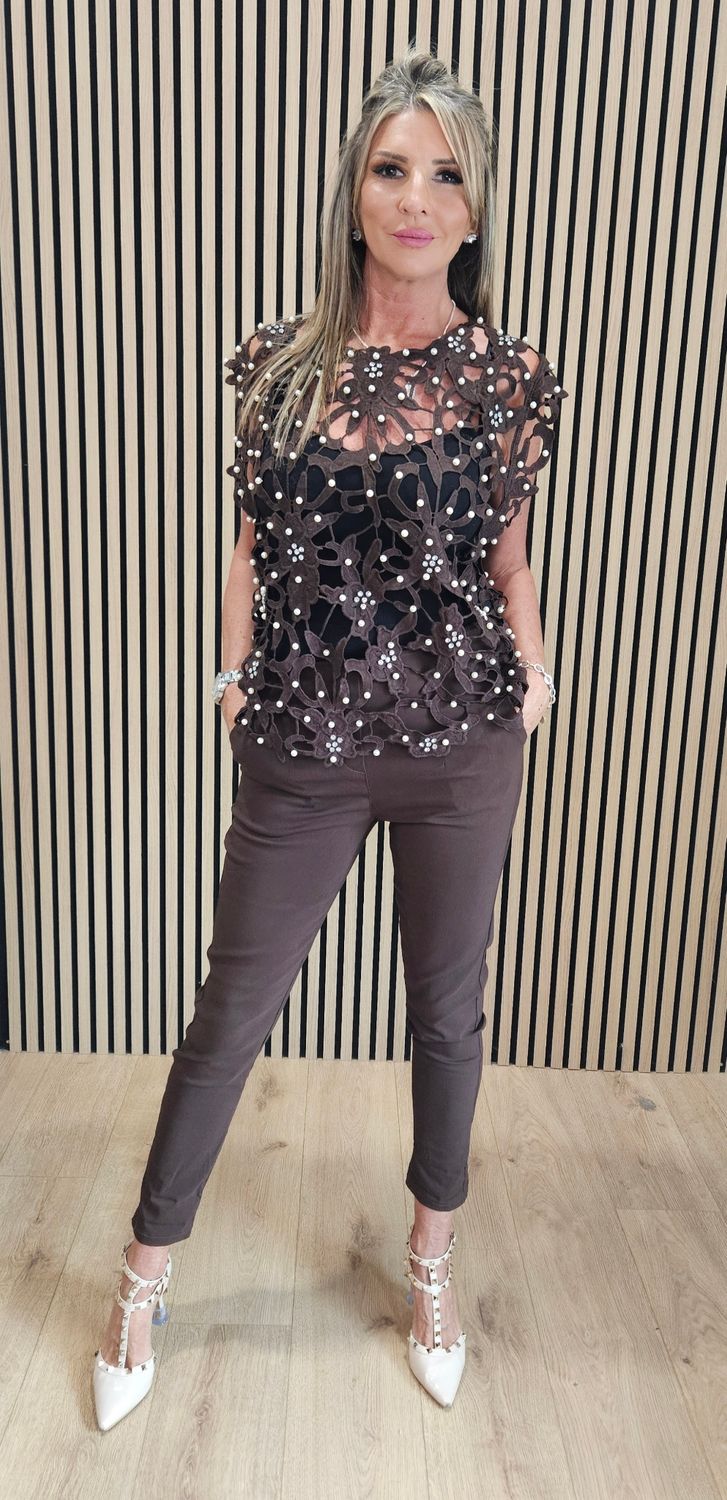 Exquisite Laser-Cut Pearl &amp; Diamanté Top – Chocolate