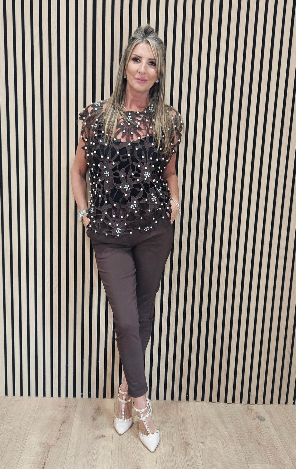 Exquisite Laser-Cut Pearl &amp; Diamanté Top – Chocolate