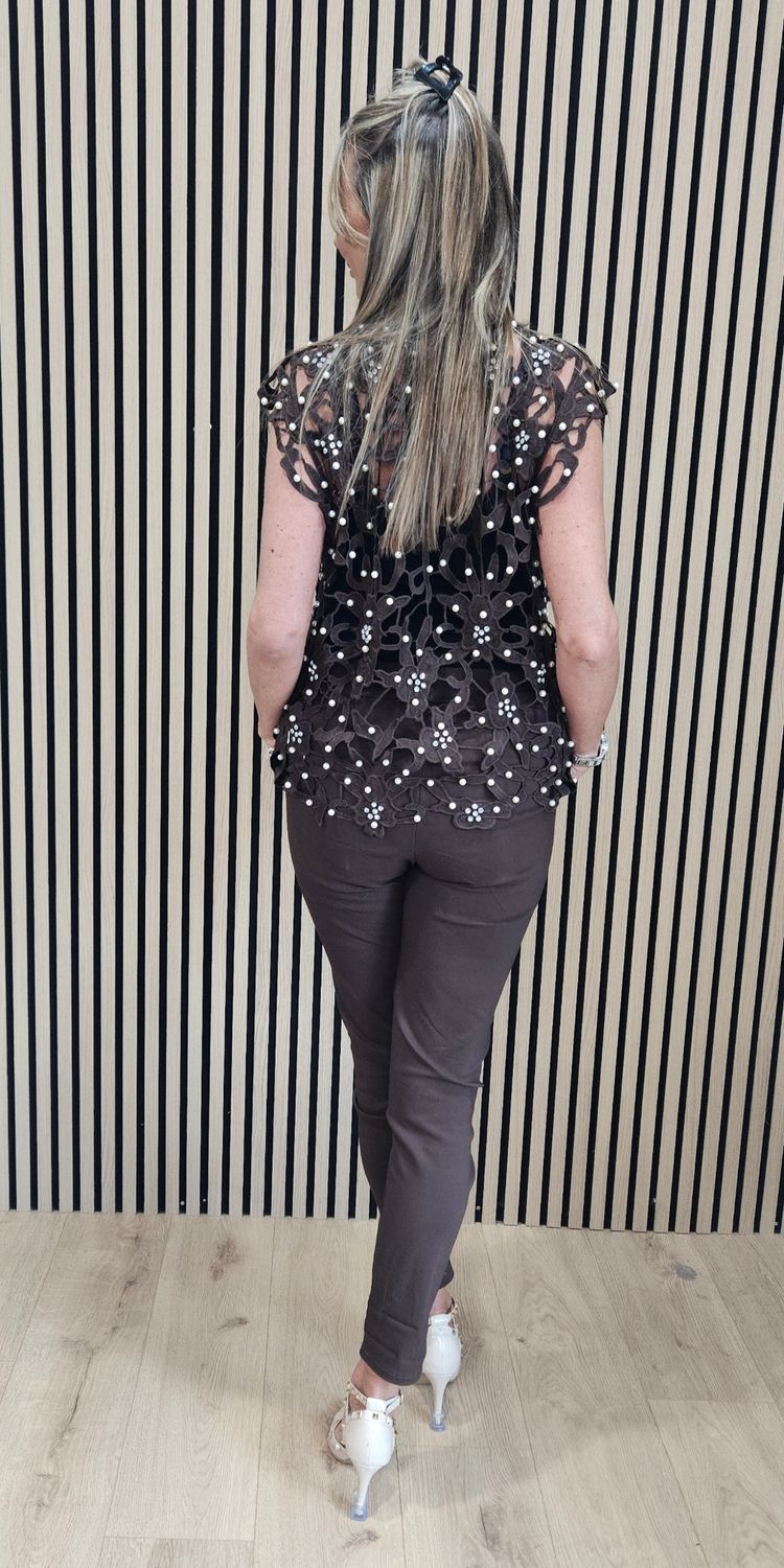 Exquisite Laser-Cut Pearl &amp; Diamanté Top – Chocolate