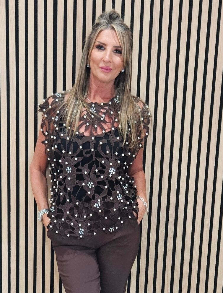 Exquisite Laser-Cut Pearl &amp; Diamanté Top – Chocolate