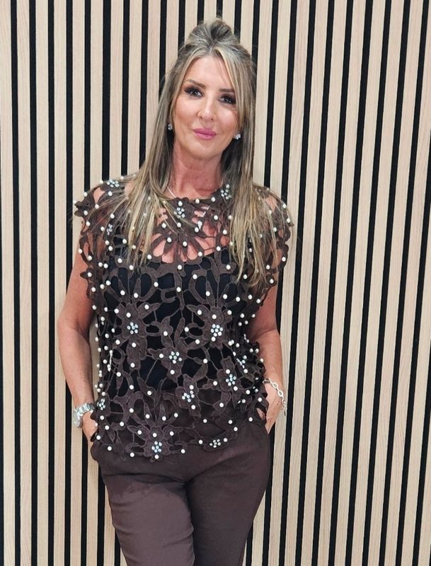 Exquisite Laser-Cut Pearl &amp; Diamanté Top – Chocolate