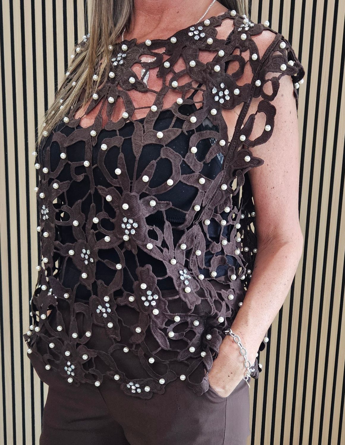 Exquisite Laser-Cut Pearl &amp; Diamanté Top – Chocolate