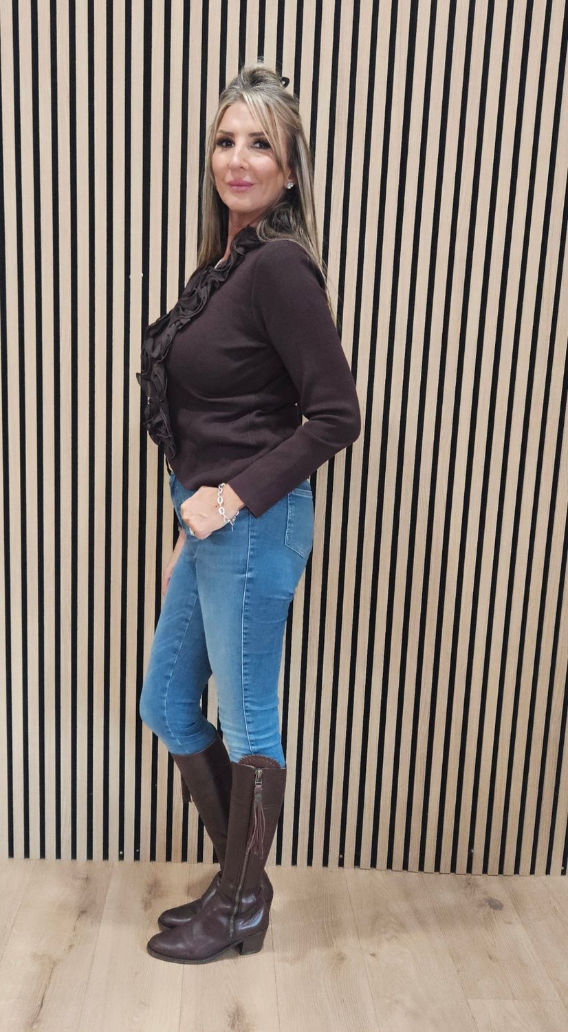 Ruffle-Front Fine-K Knit Cardigan – Chocolate