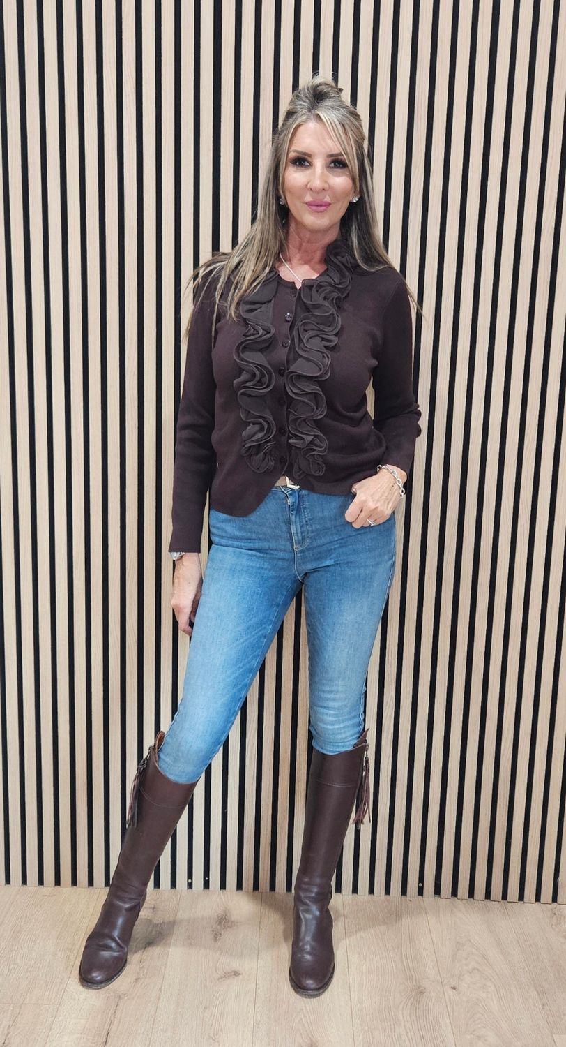 Ruffle-Front Fine-K Knit Cardigan – Chocolate