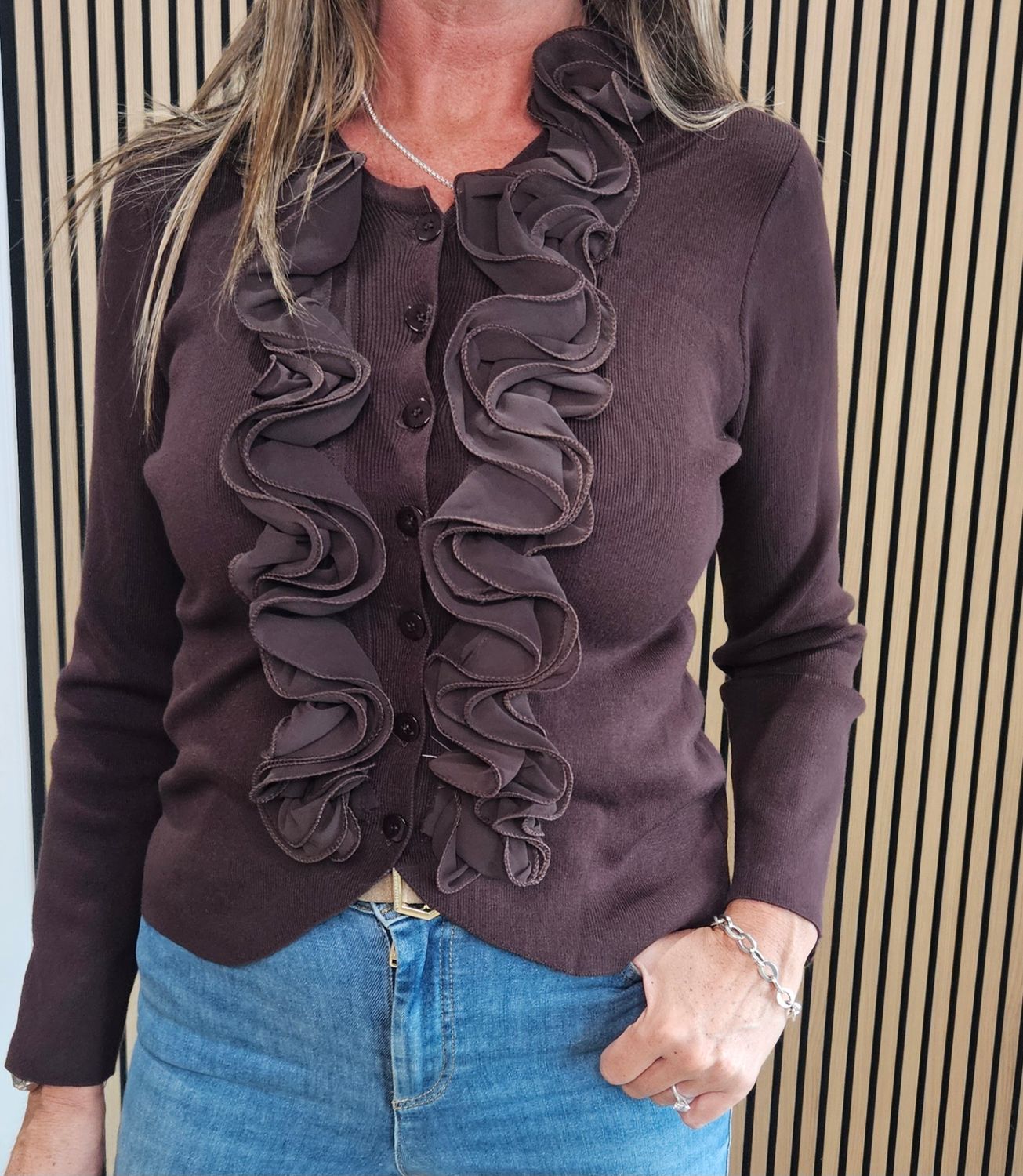 Ruffle-Front Fine-K Knit Cardigan – Chocolate