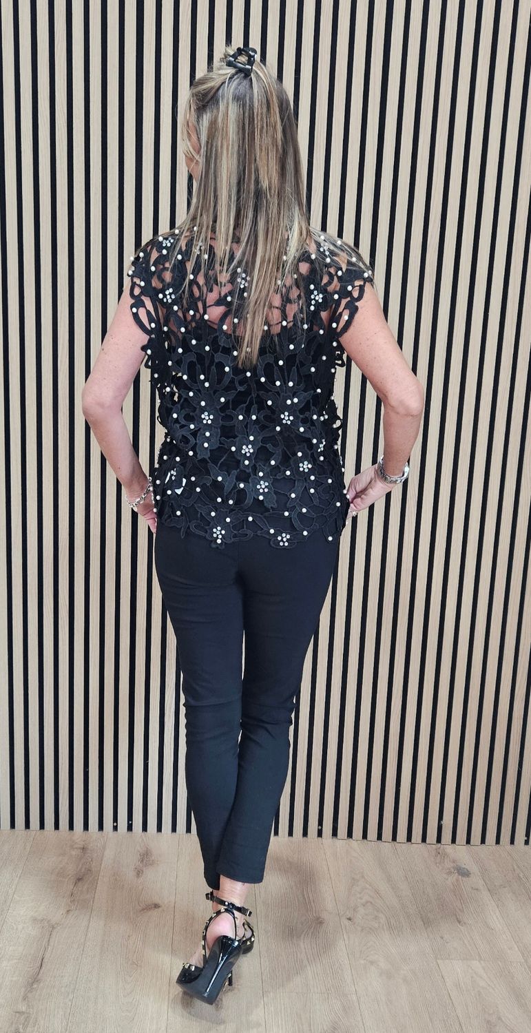 Exquisite Laser-Cut Pearl &amp; Diamanté Top – Black