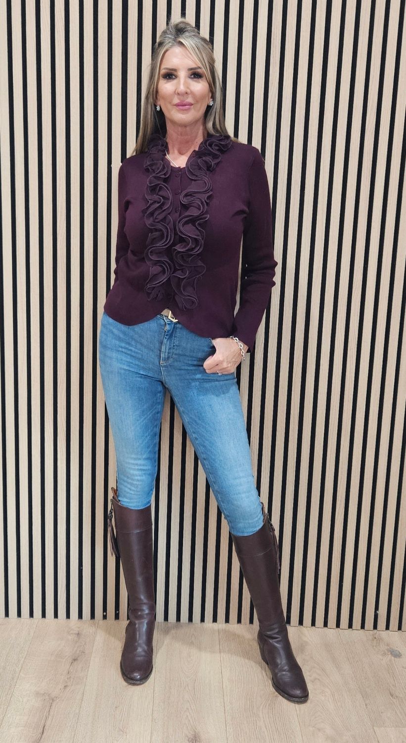 Ruffle-Front Fine-K Knit Cardigan – Burgundy
