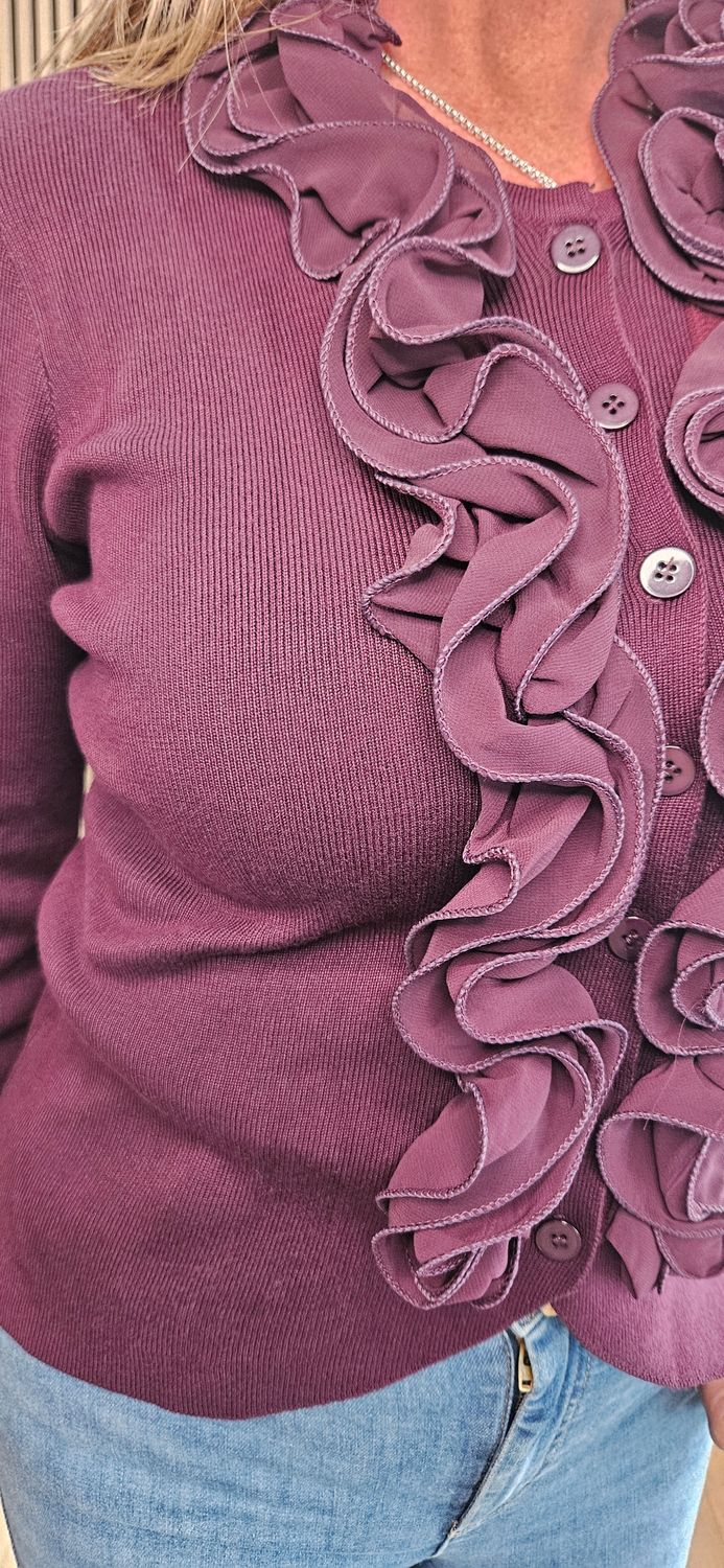 Ruffle-Front Fine-K Knit Cardigan – Burgundy