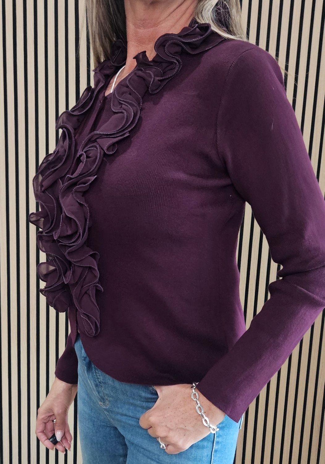 Ruffle-Front Fine-K Knit Cardigan – Burgundy
