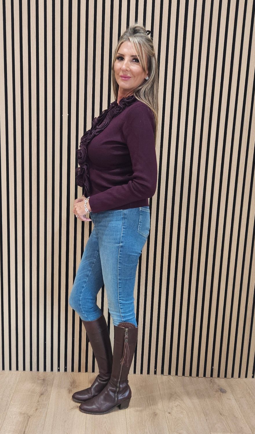 Ruffle-Front Fine-K Knit Cardigan – Burgundy