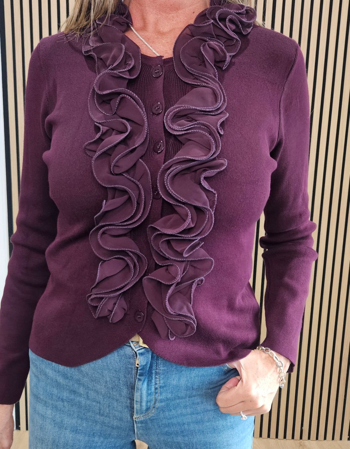 Ruffle-Front Fine-K Knit Cardigan – Burgundy