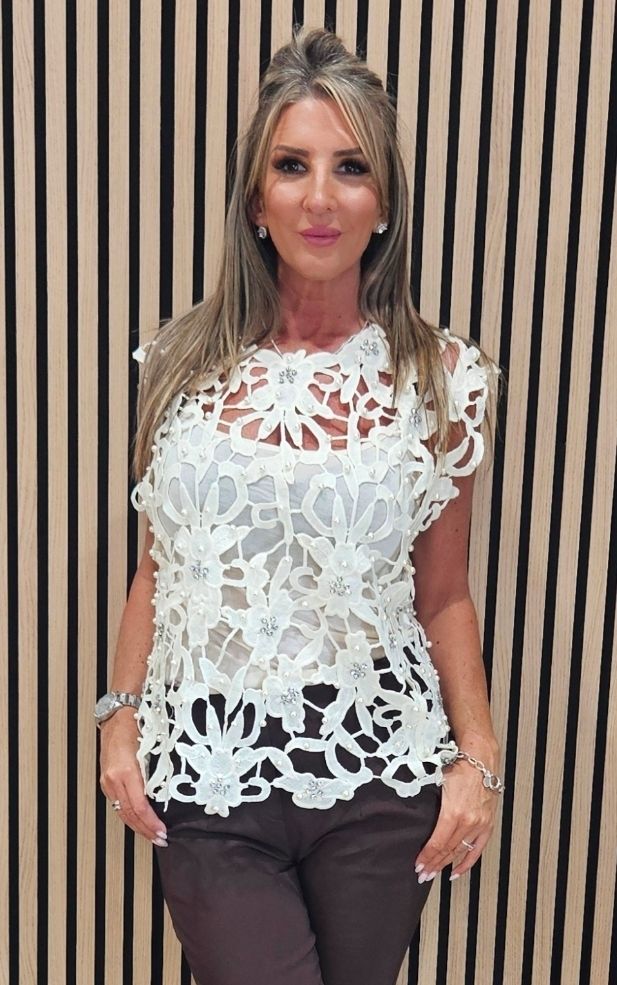 Exquisite Laser-Cut Pearl &amp; Diamanté Top – Cream