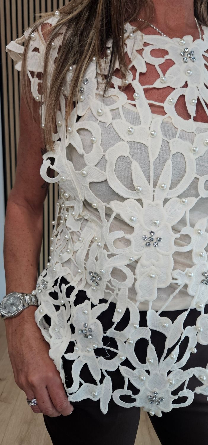 Exquisite Laser-Cut Pearl &amp; Diamanté Top – Cream