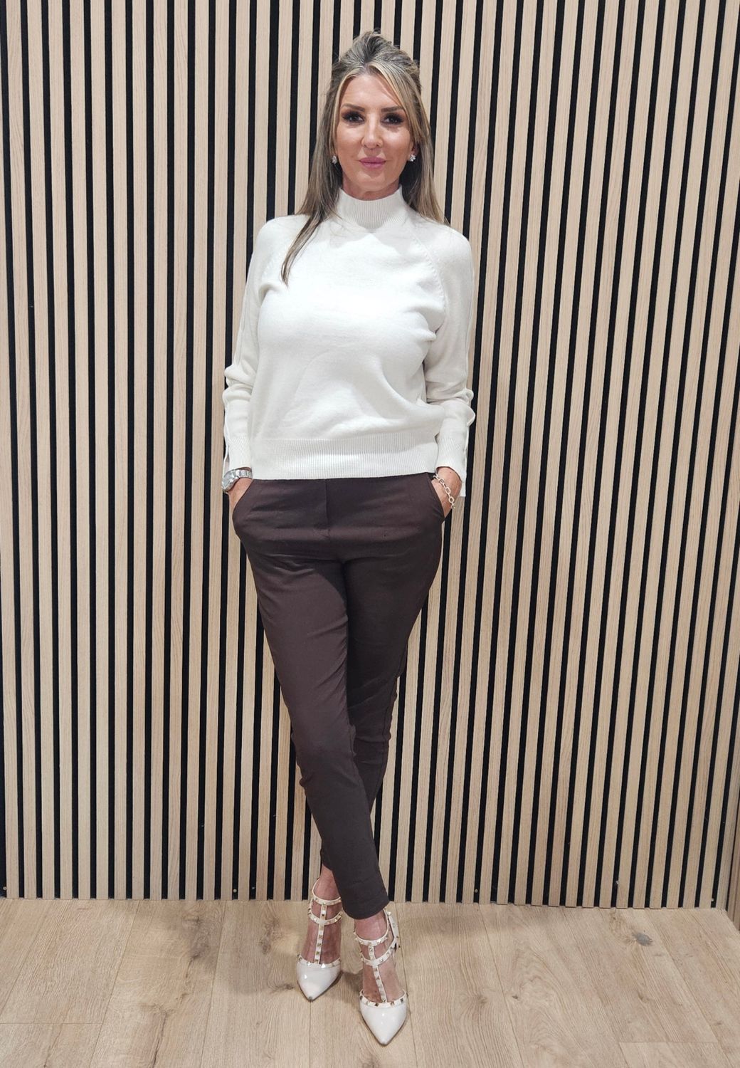 Lattice-Sleeve Fine-Knit Jumper -  Cream