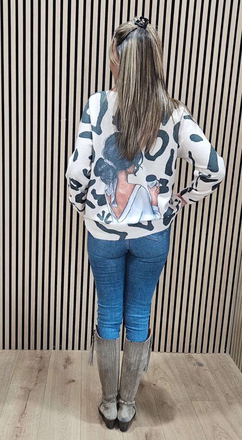 Abstract Face Jumper – Coffee Cup Teal