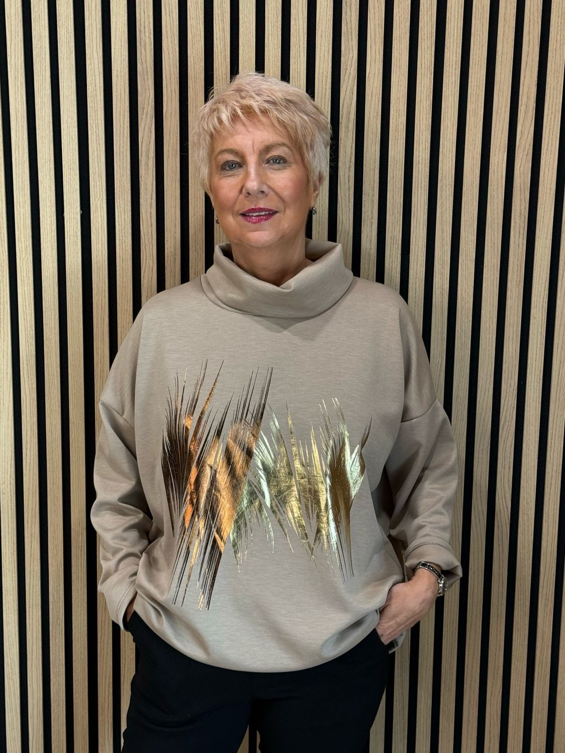 Metallic Brush Stroke Cowl Neck Jumper - Taupe
