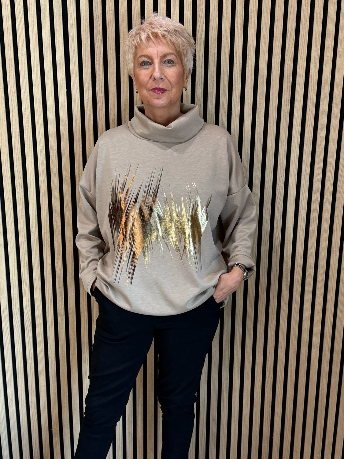 Metallic Brush Stroke Cowl Neck Jumper - Taupe