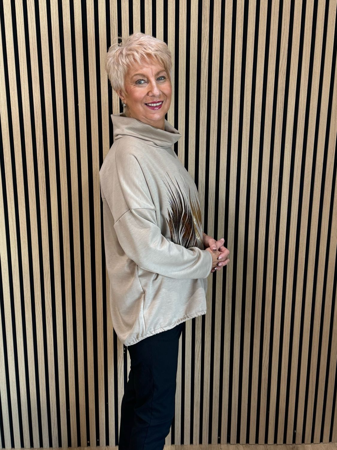 Metallic Brush Stroke Cowl Neck Jumper - Taupe