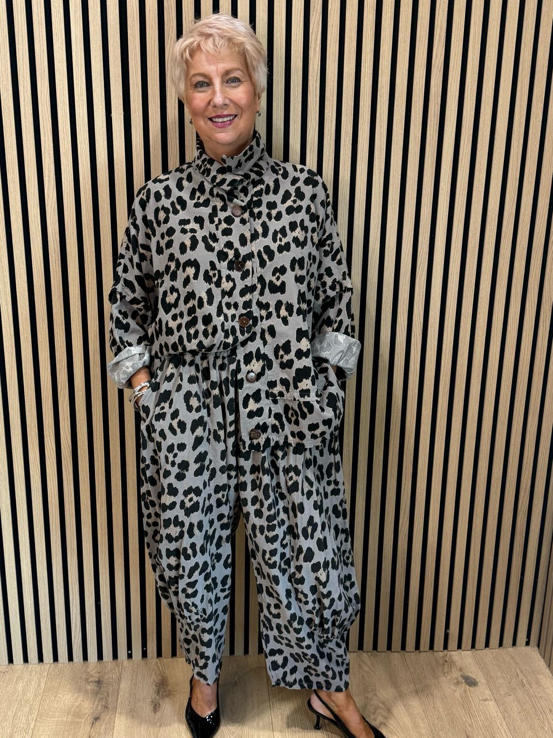 Leopard Print Two Piece Suit - Taupe/Black