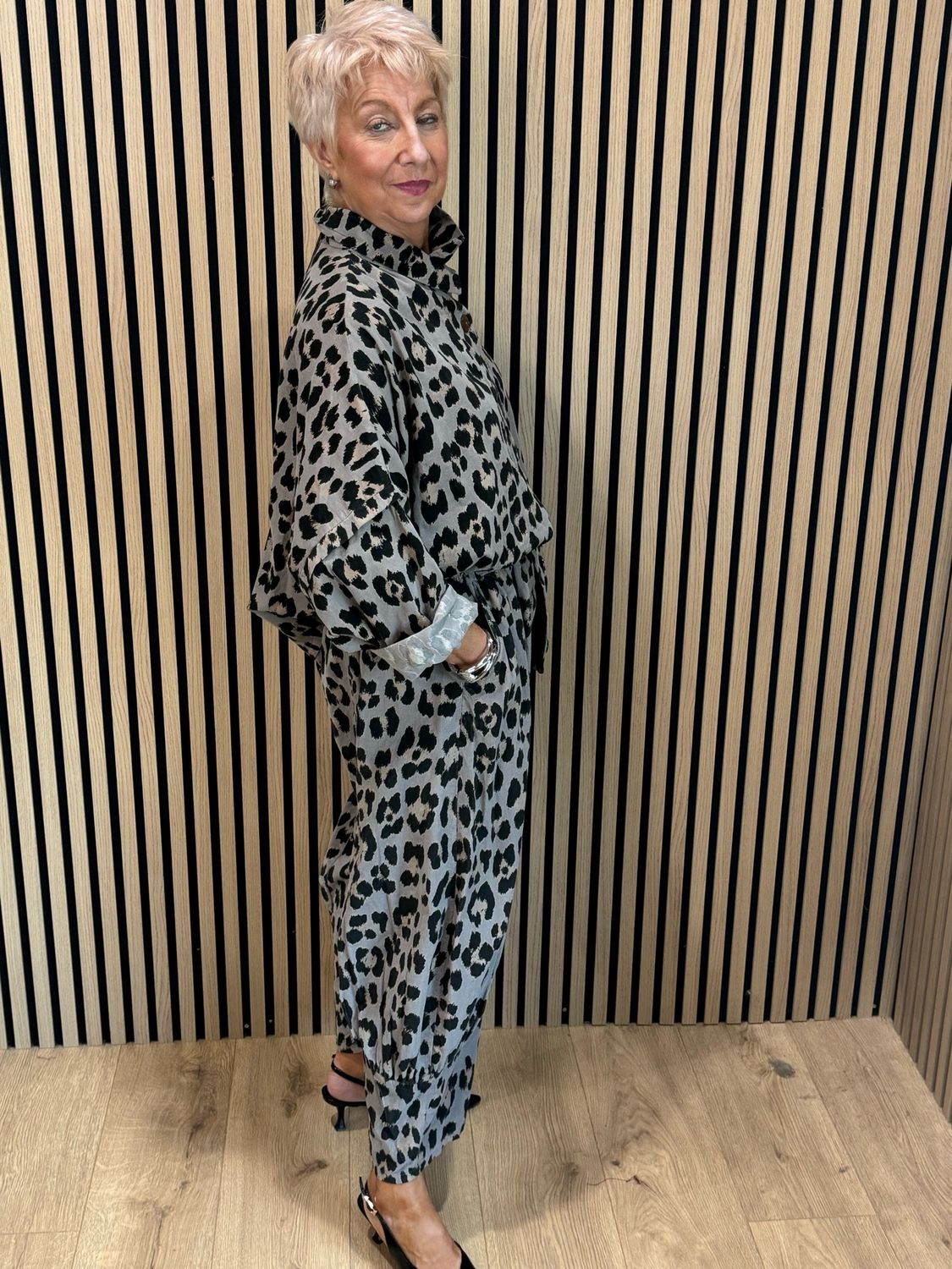 Leopard Print Two Piece Suit - Taupe/Black