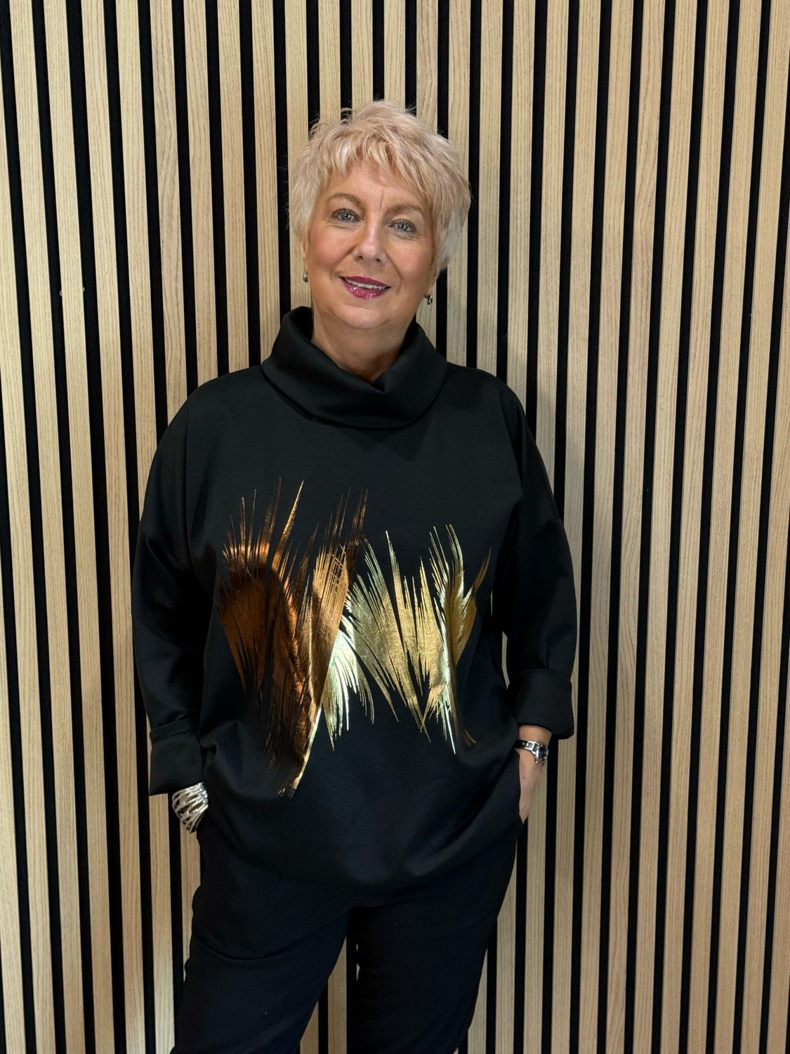 Metallic Brush Stroke Cowl Neck Jumper - Black