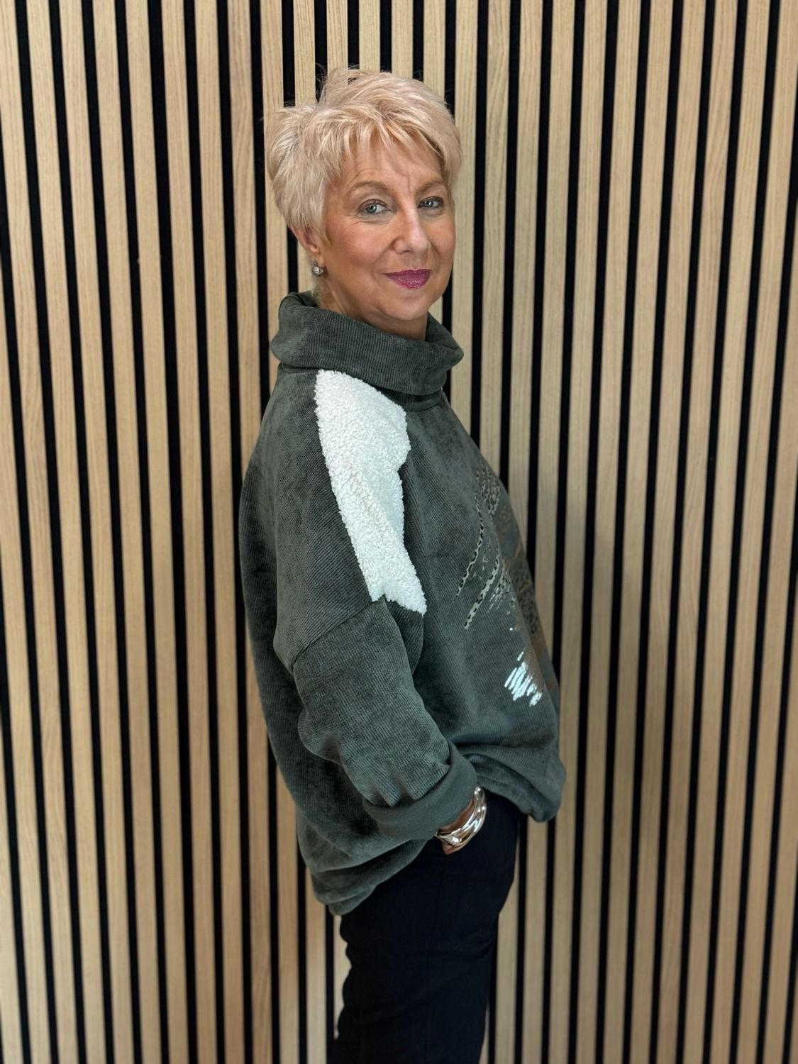 Animal Print Foil Roll Neck Jumper - Khaki