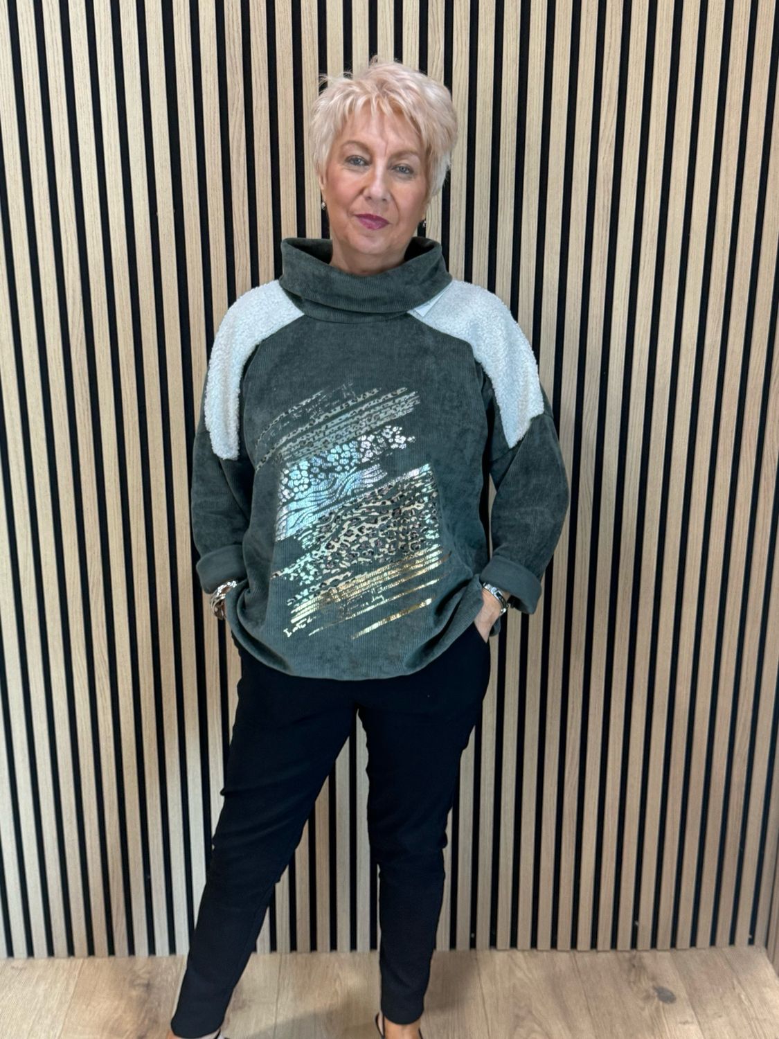 Animal Print Foil Roll Neck Jumper - Khaki
