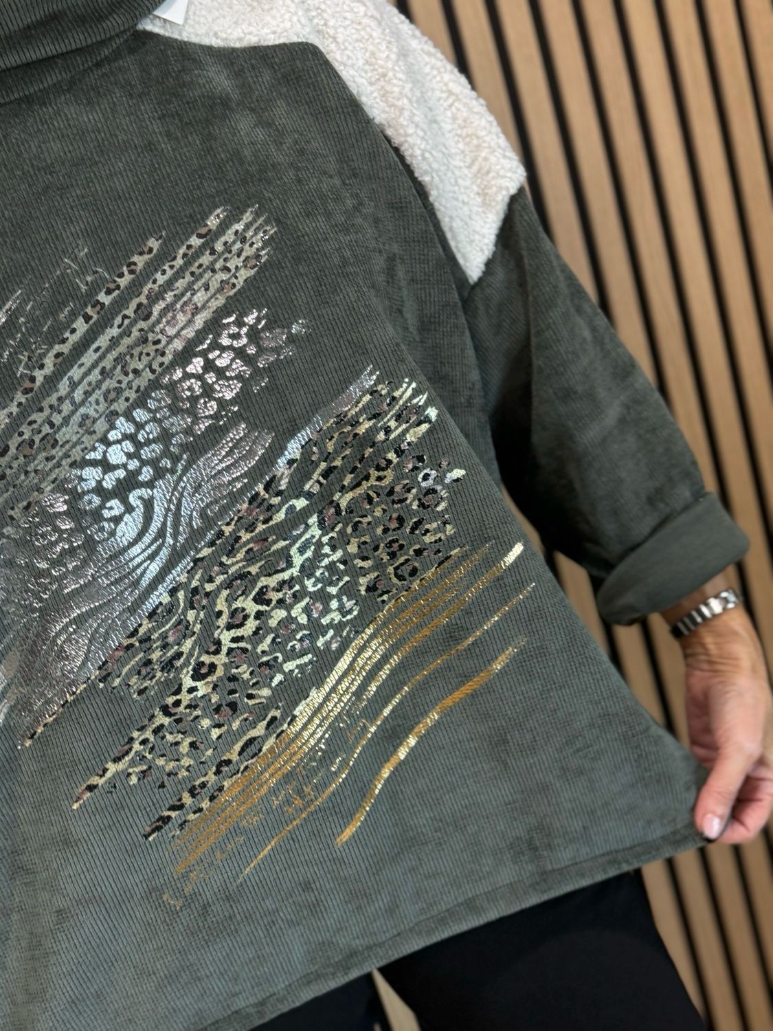 Animal Print Foil Roll Neck Jumper - Khaki