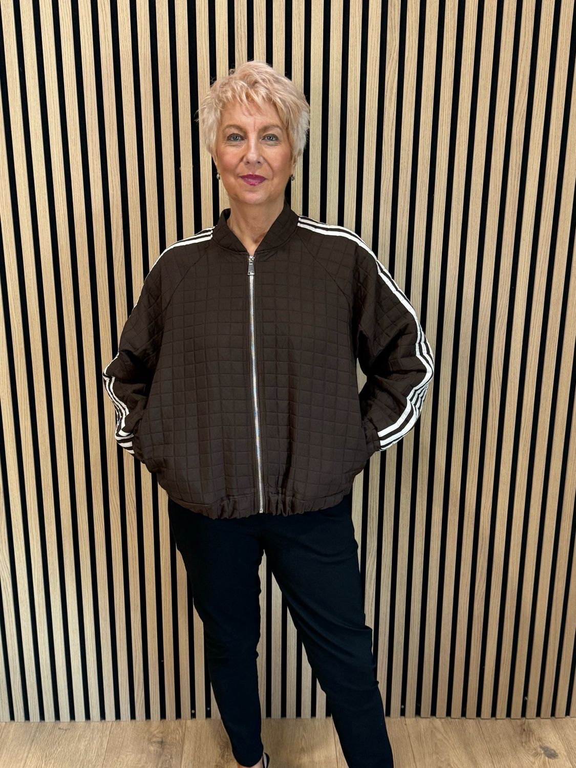 Quilted Stripe Bomber Jacket - Chocolate