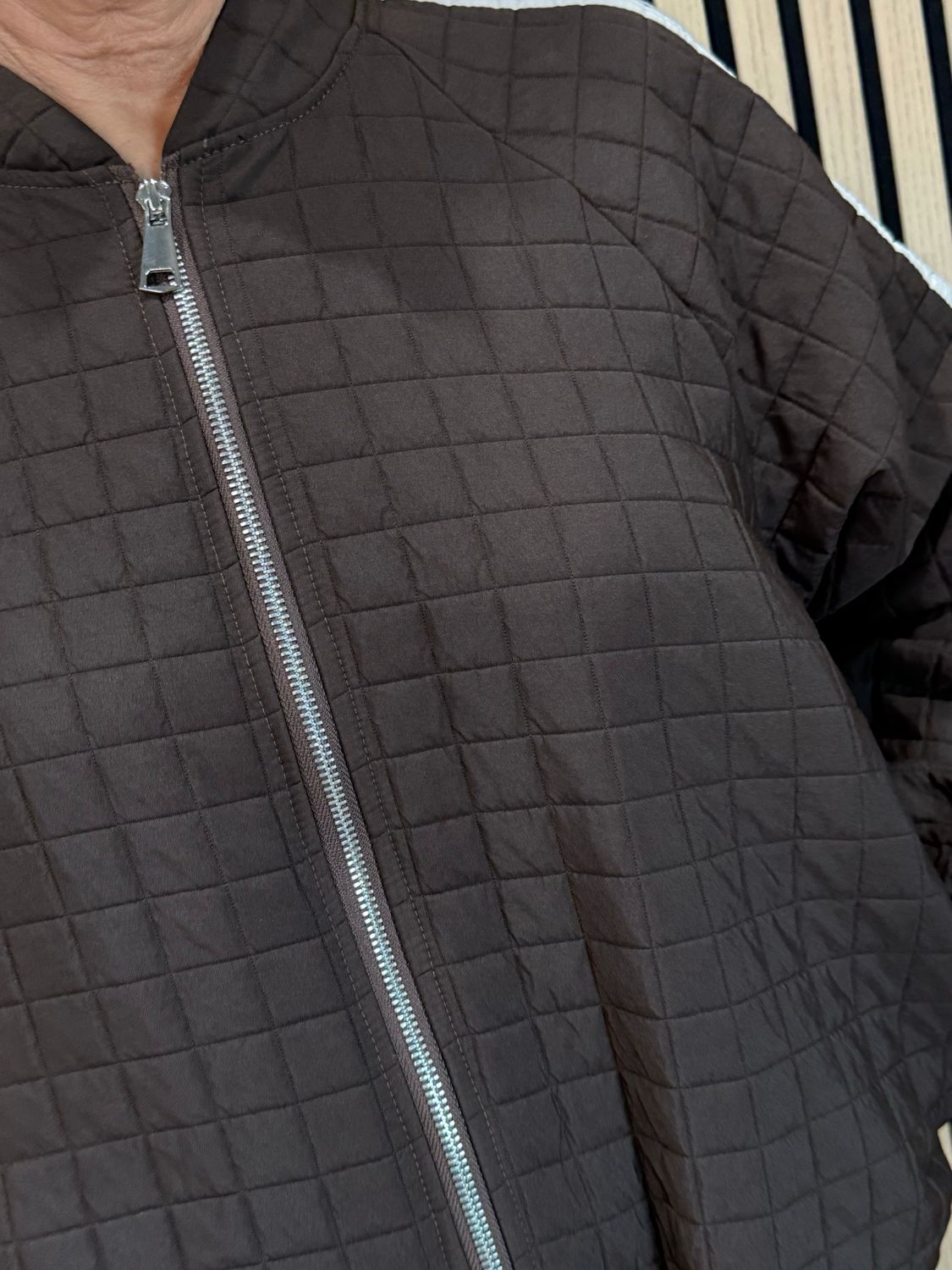 Quilted Stripe Bomber Jacket - Chocolate