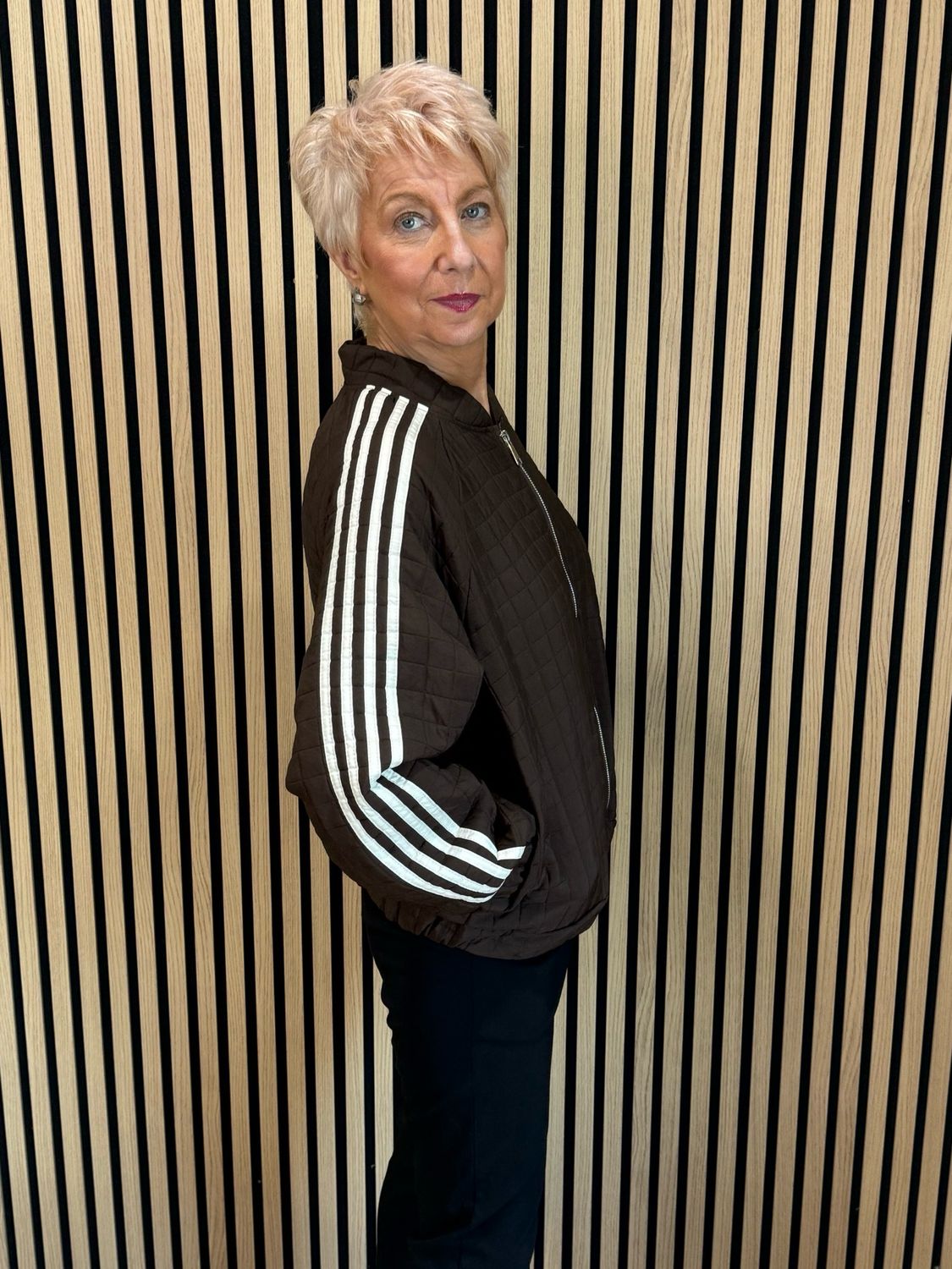 Quilted Stripe Bomber Jacket - Chocolate