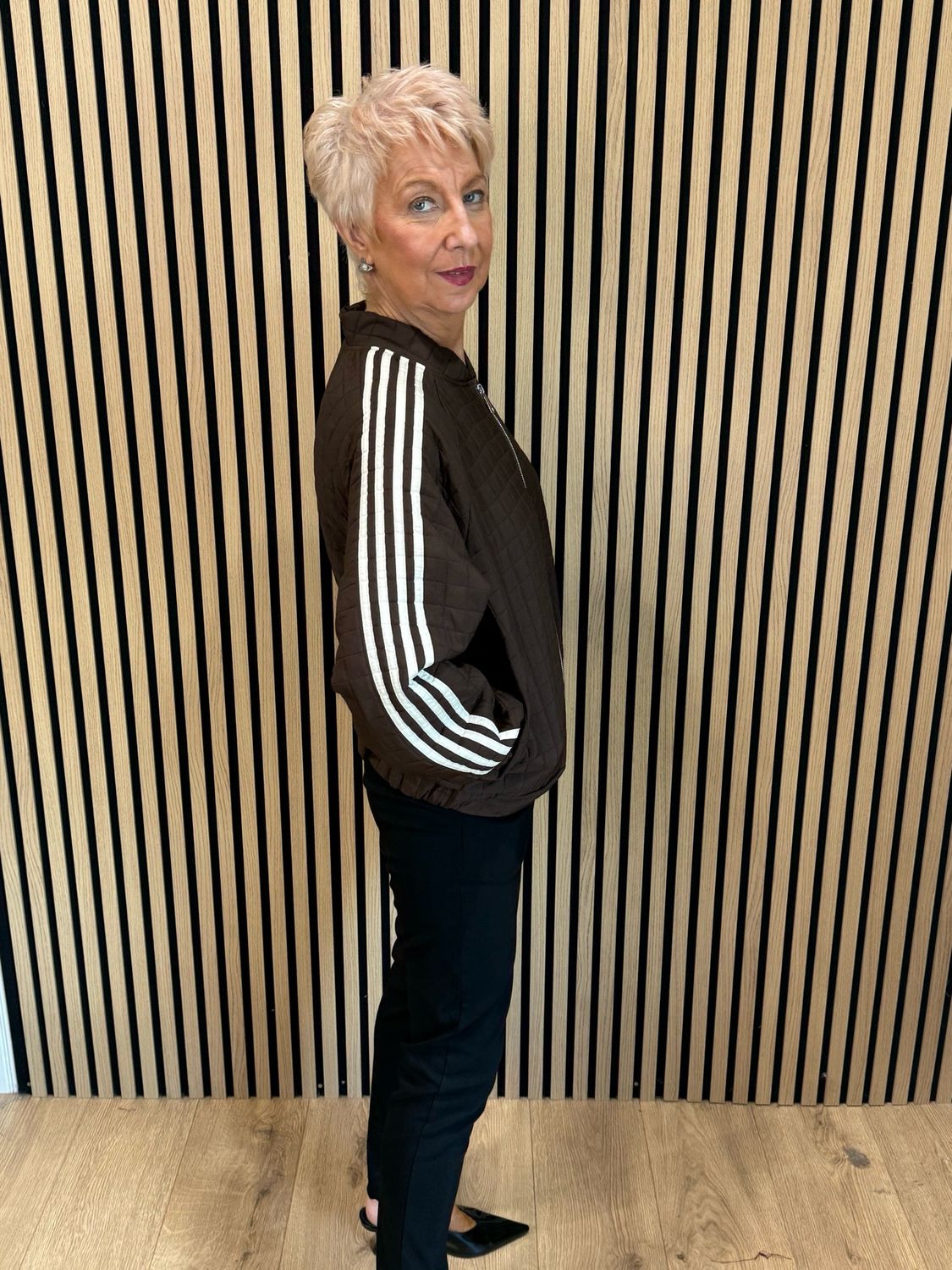 Quilted Stripe Bomber Jacket - Chocolate
