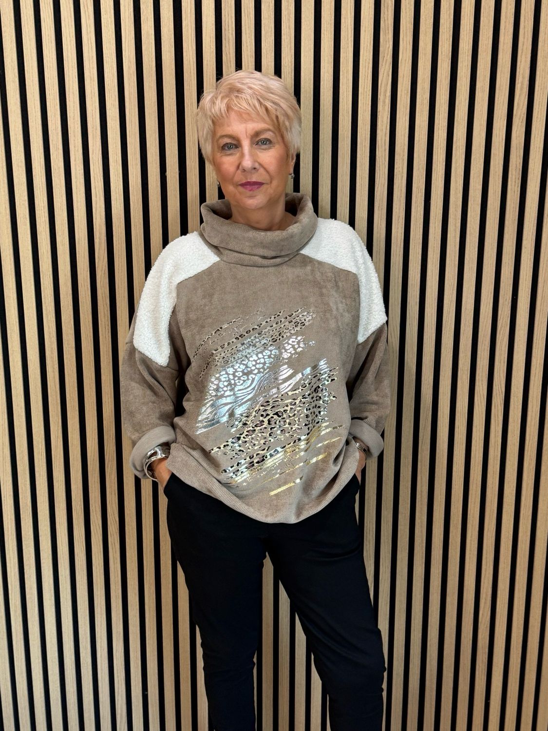 Animal Print Foil Roll Neck Jumper - Taupe