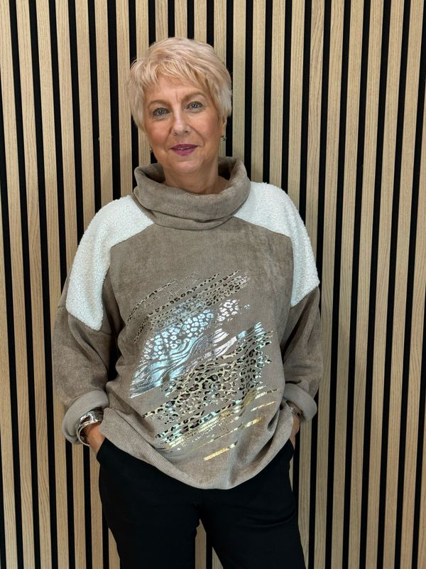 Animal Print Foil Roll Neck Jumper - Taupe