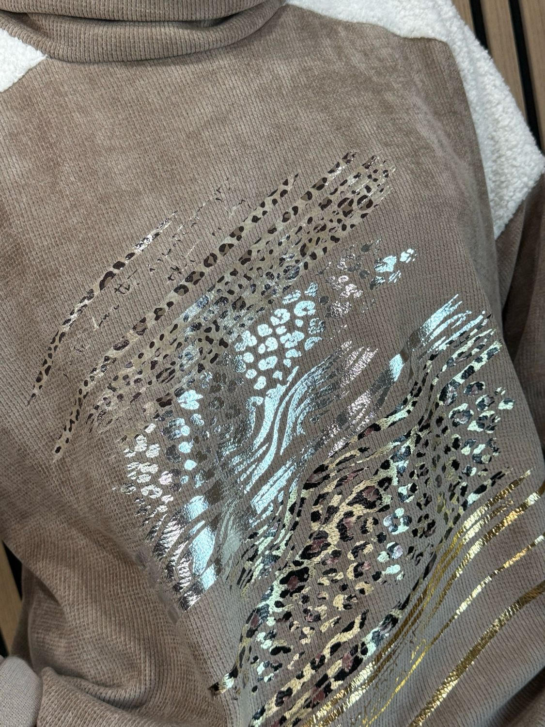 Animal Print Foil Roll Neck Jumper - Taupe