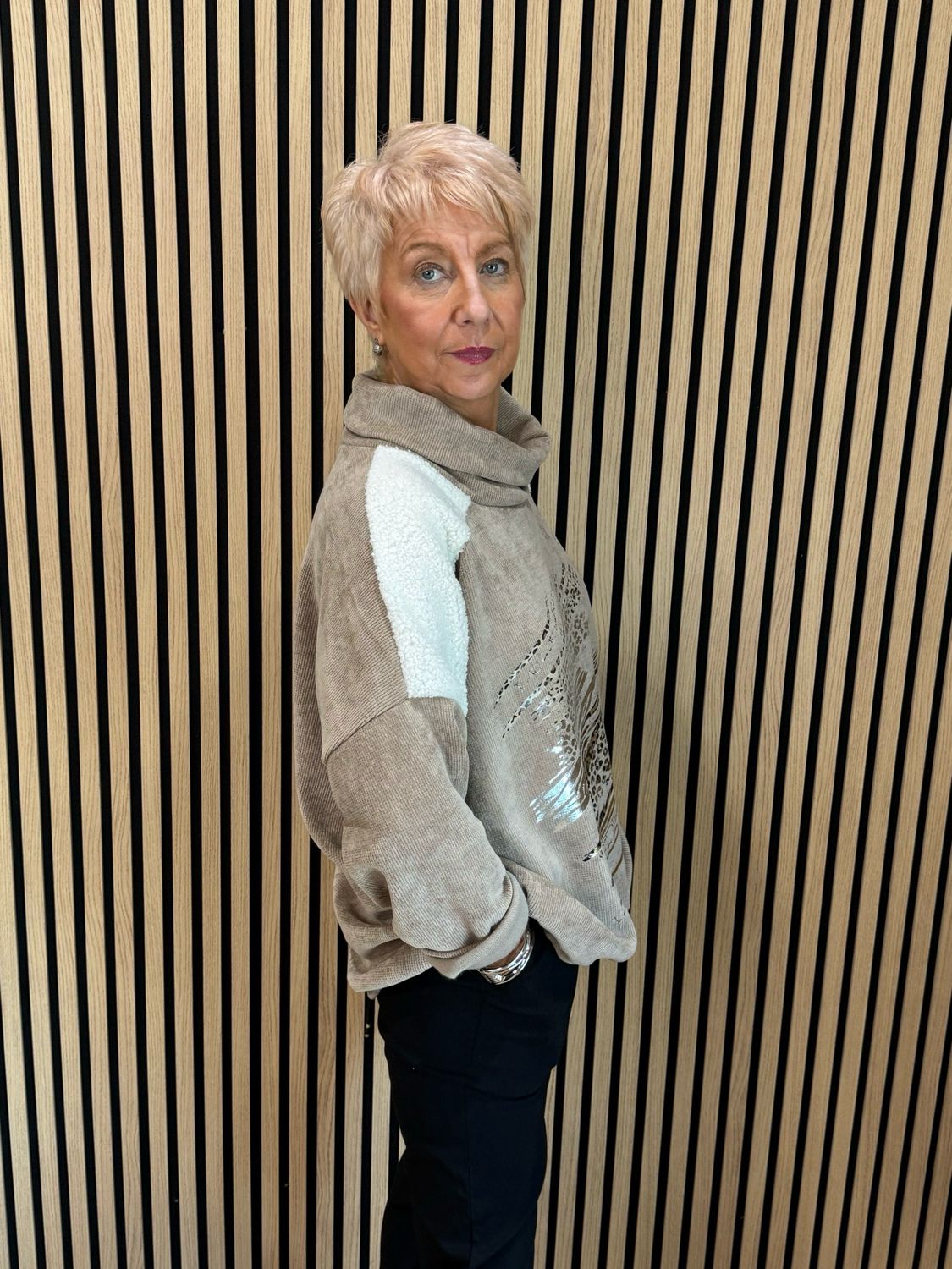 Animal Print Foil Roll Neck Jumper - Taupe