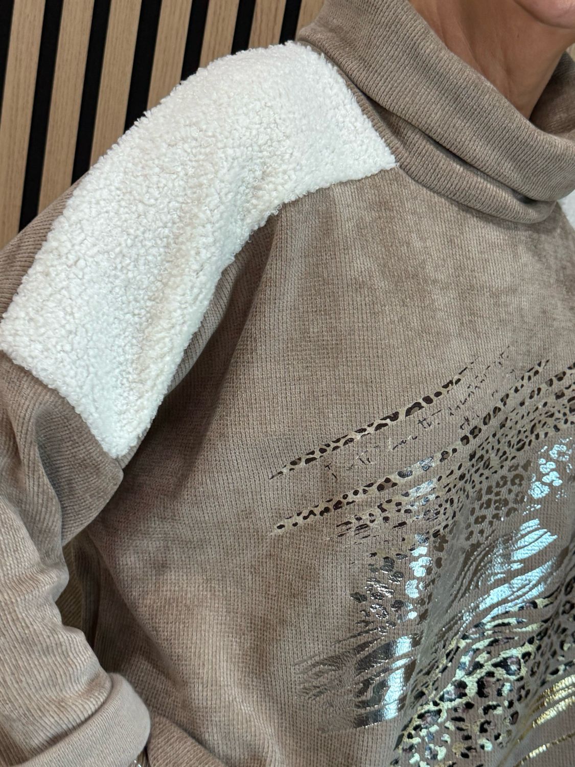 Animal Print Foil Roll Neck Jumper - Taupe