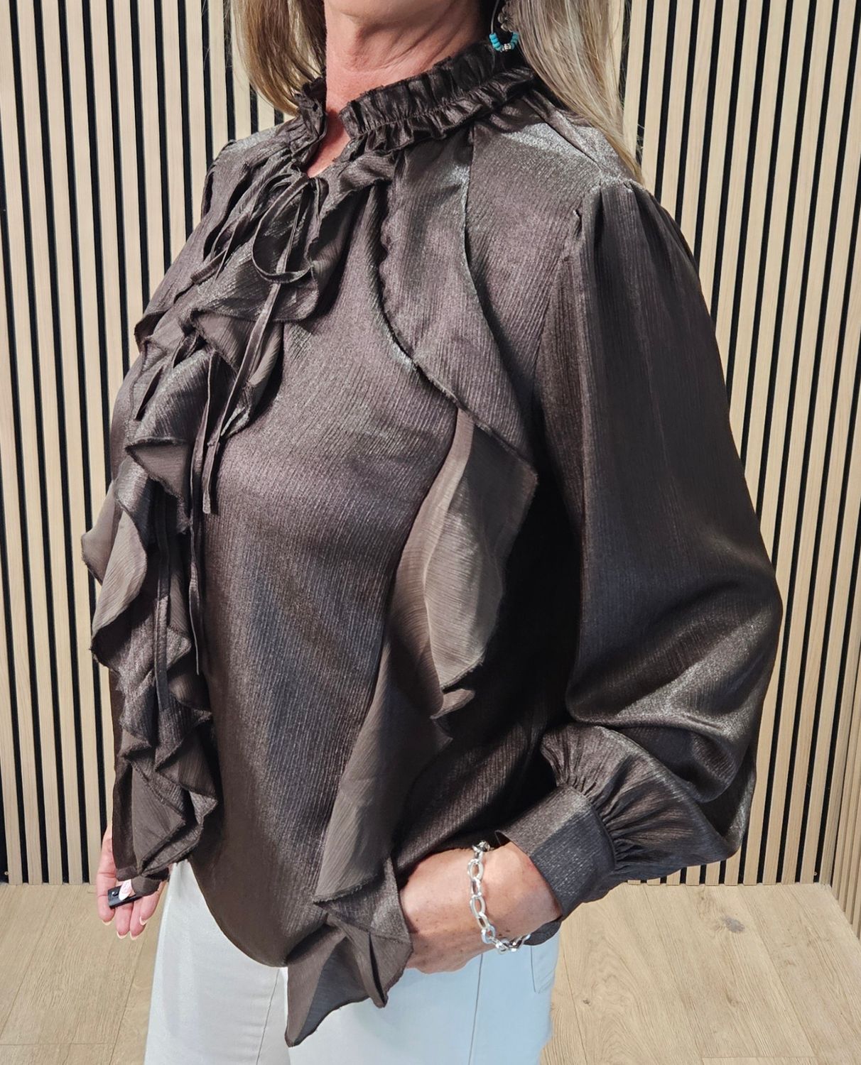 Shimmer Ruffle-Front Blouse