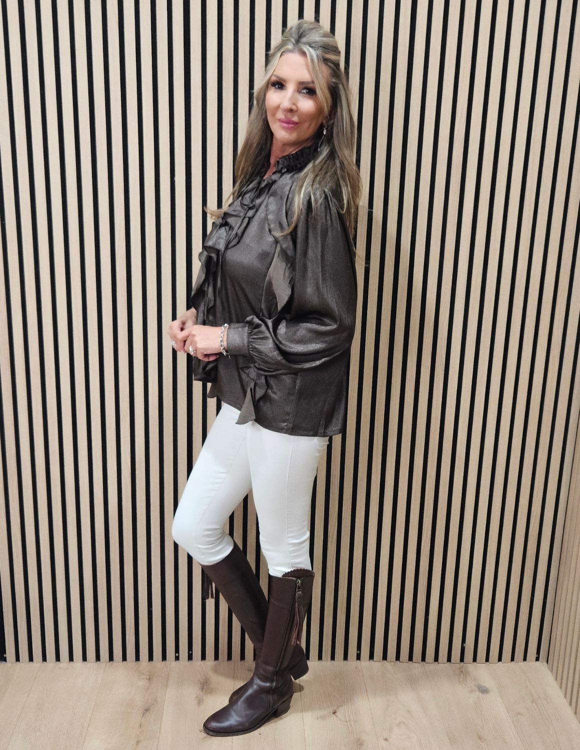 Shimmer Ruffle-Front Blouse