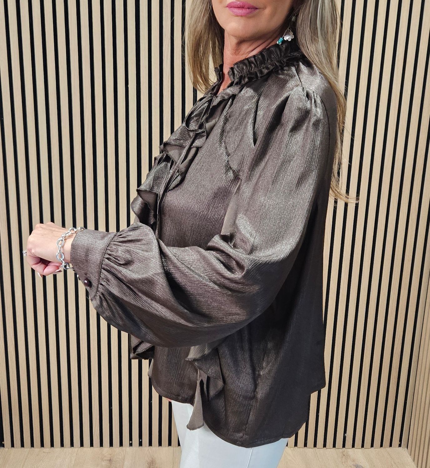 Shimmer Ruffle-Front Blouse