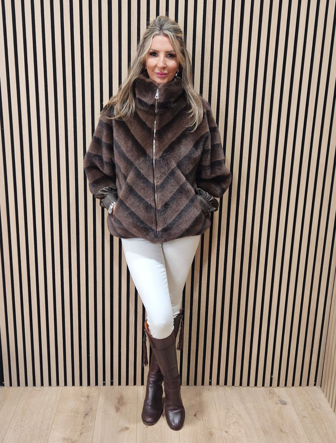 Chevron Faux-Fur Coat
