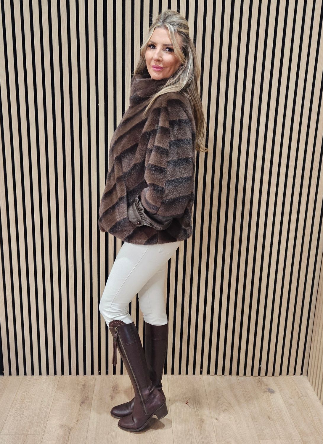 Chevron Faux-Fur Coat