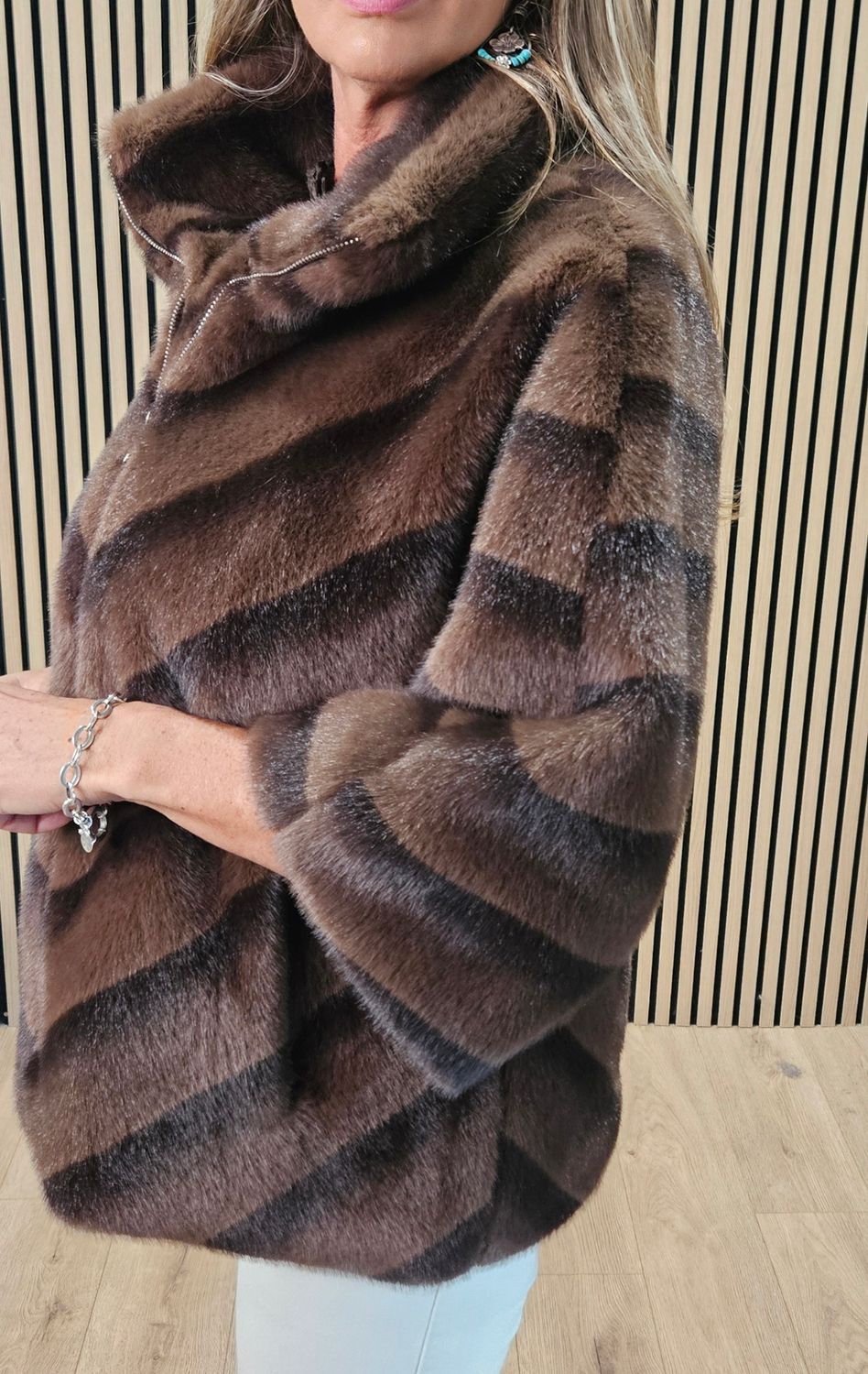 Chevron Faux-Fur Coat