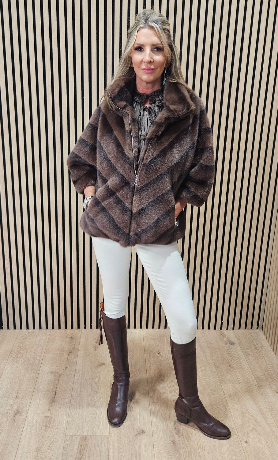 Chevron Faux-Fur Coat