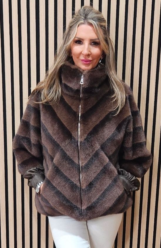 Chevron Faux-Fur Coat