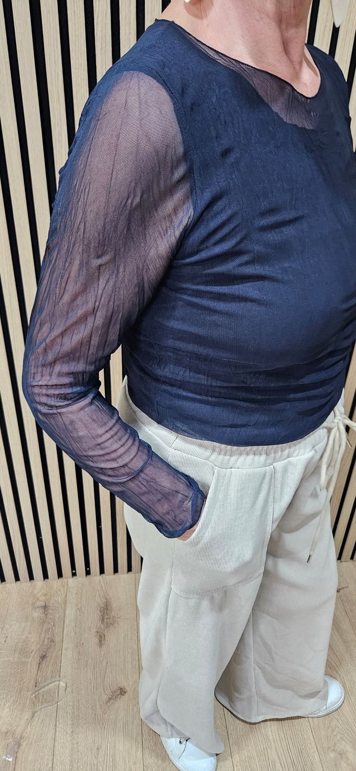 Sheer-Sleeve Mesh Top – Navy