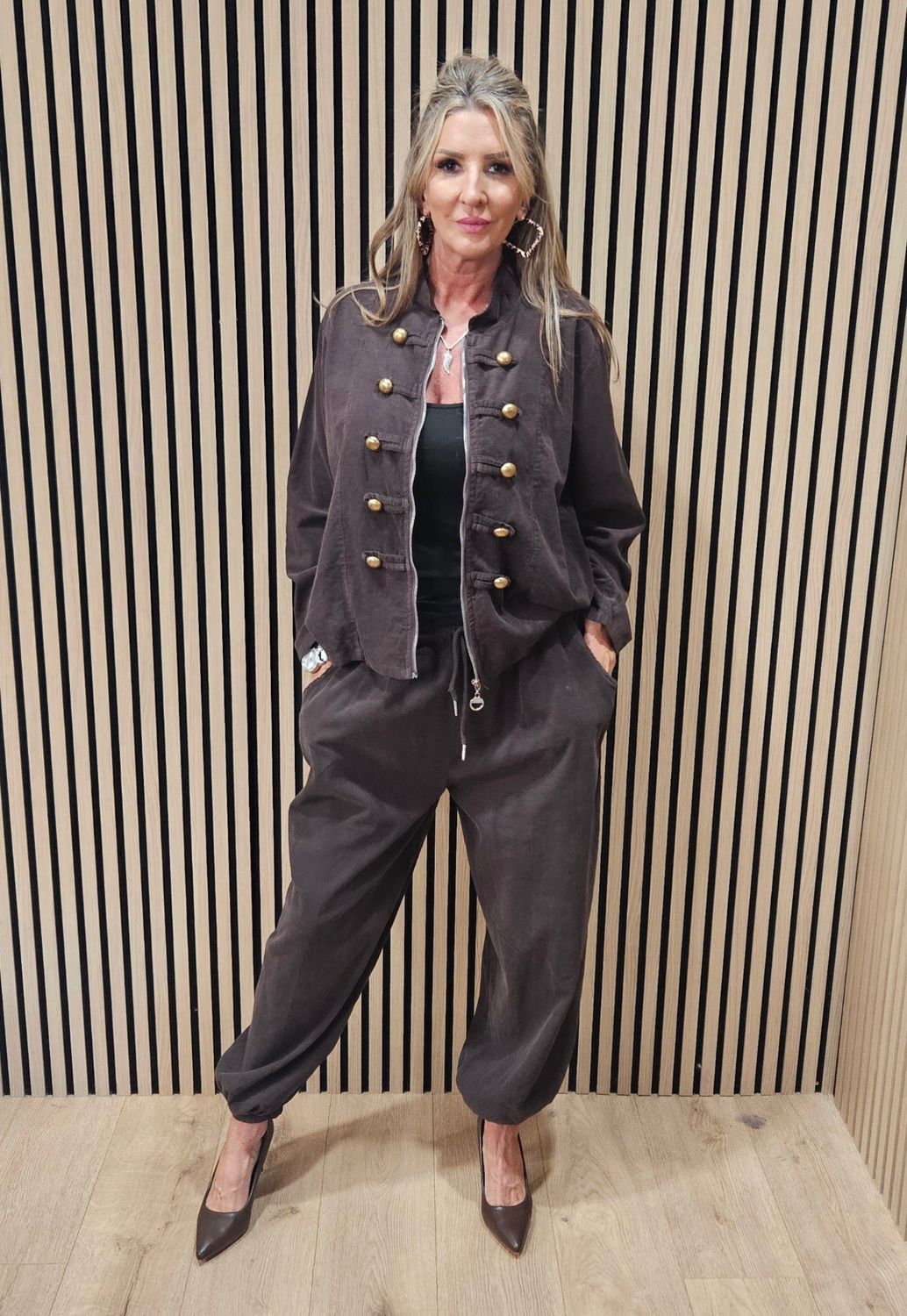 Military-Style Cotton Two-Piece Suit – Chocolate