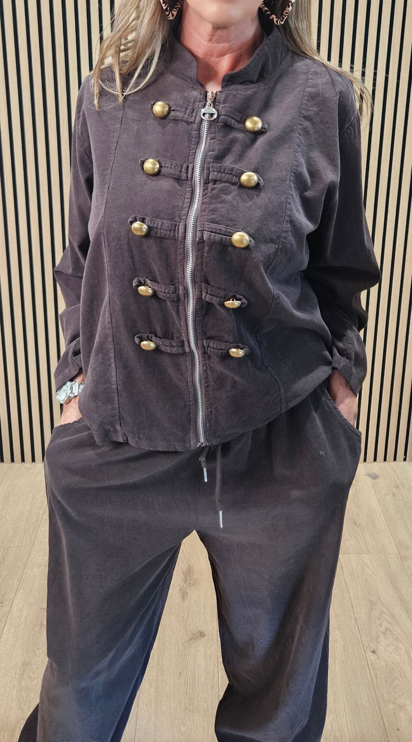 Military-Style Cotton Two-Piece Suit – Chocolate